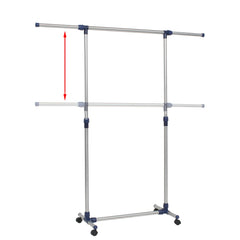 Silver adjustable stainless steel clothes rack, 65 inches tall, with wheels and height arrows.