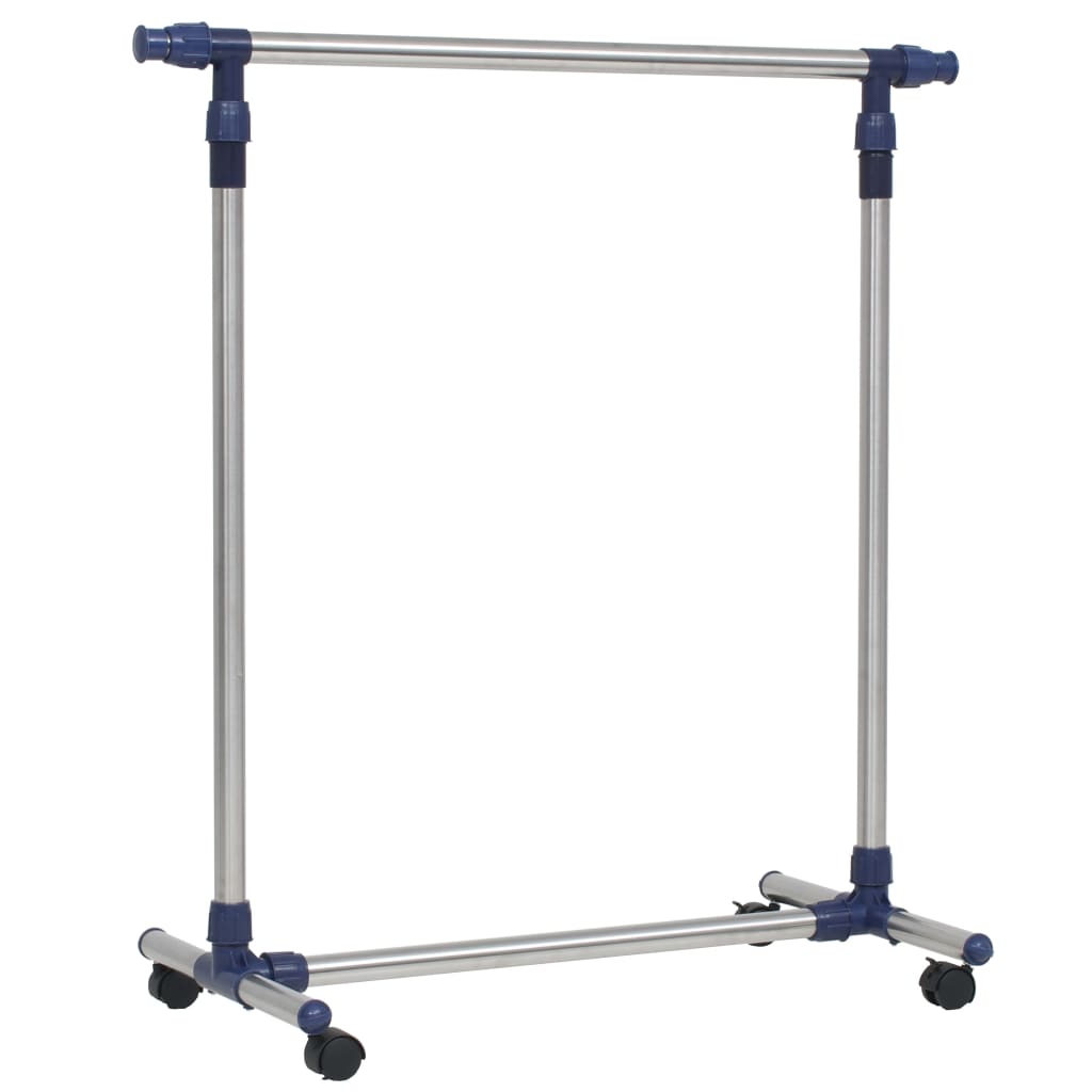 Silver adjustable stainless steel clothes rack with four wheels and purple accents, 65 inches tall.