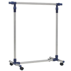 Silver adjustable stainless steel clothes rack with four wheels and purple accents, 65 inches tall.
