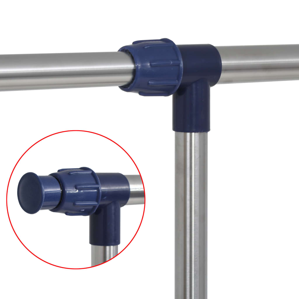 Silver adjustable stainless steel clothes rack with blue plastic joints and 65-inch height.