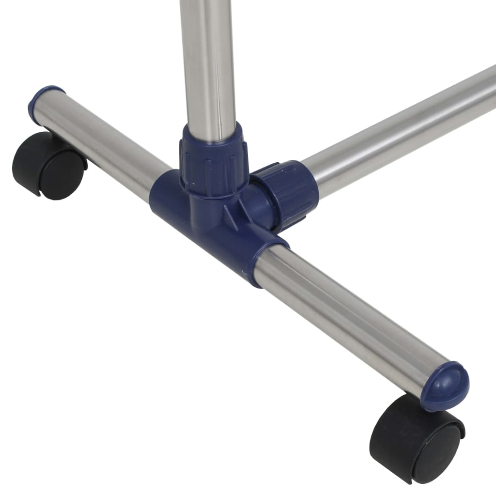 Silver adjustable stainless steel clothes rack with wheels, 65 inches tall.