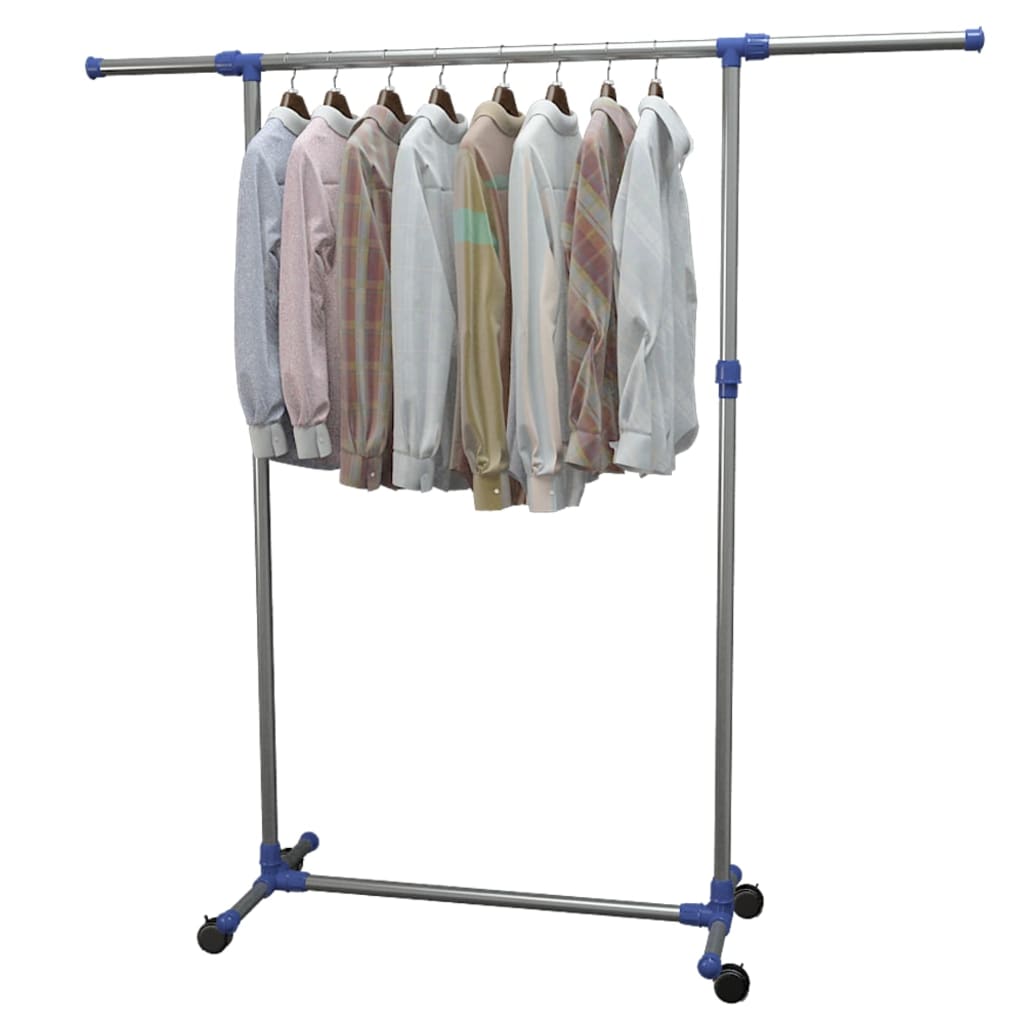 Silver adjustable stainless steel clothes rack on wheels with shirts hanging at full height