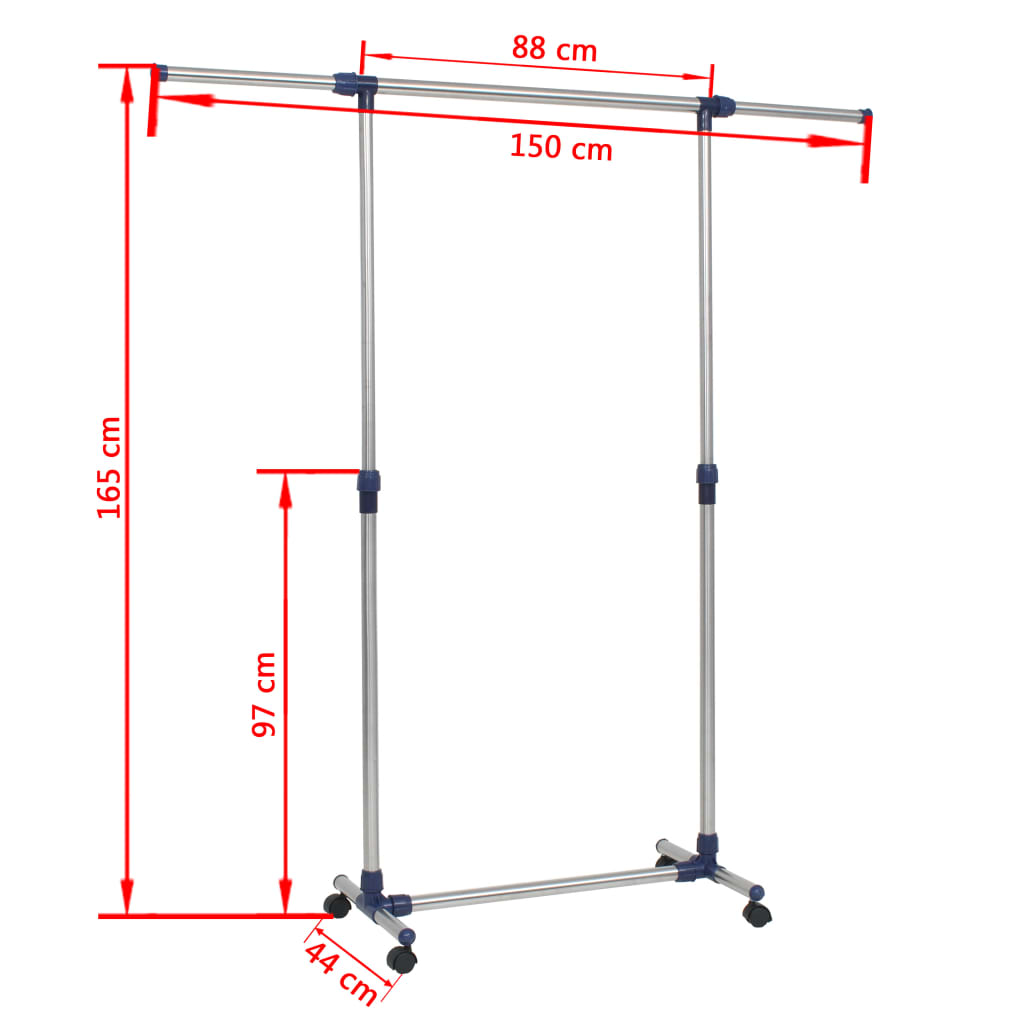 Silver adjustable stainless steel clothes rack with height markings of 150 cm and 65 inches.