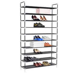 Black metal 10-shelf shoe rack with non-woven fabric shelves holding various shoes and folded linens.