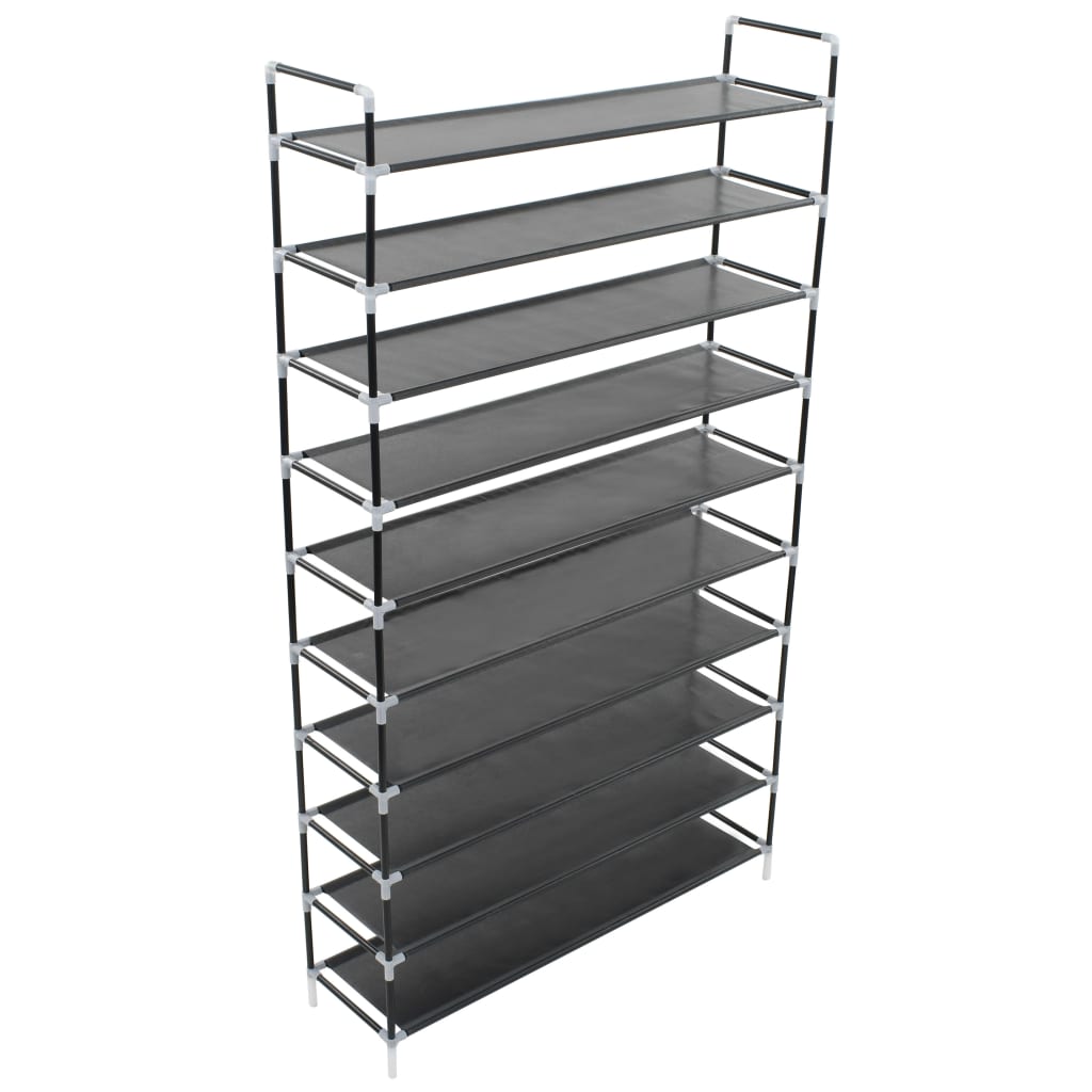 A tall 10-shelf black metal shoe rack with non-woven fabric shelves.