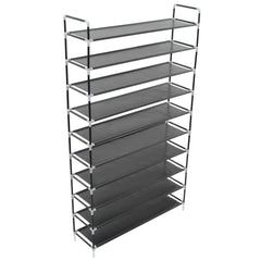 A tall 10-shelf black metal shoe rack with non-woven fabric shelves.