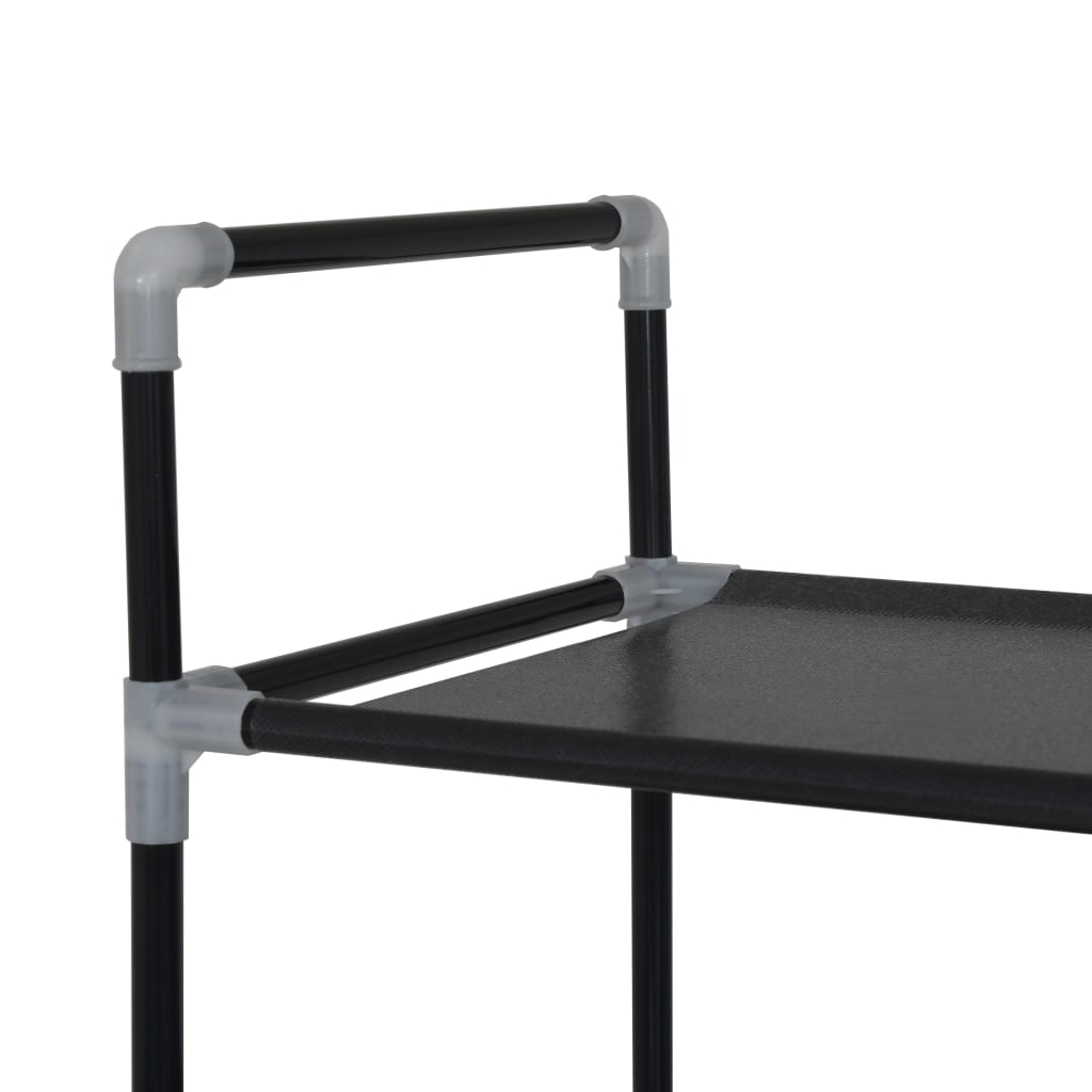 Black metal shoe rack with ten non-woven fabric shelves and tubular frame design.