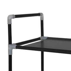 Black metal shoe rack with ten non-woven fabric shelves and tubular frame design.