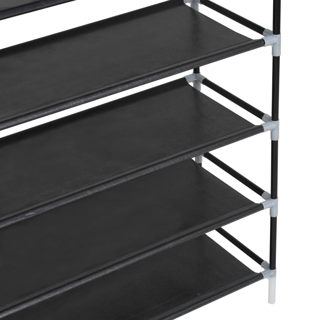 Black metal 10-shelf shoe rack with non-woven fabric shelves.