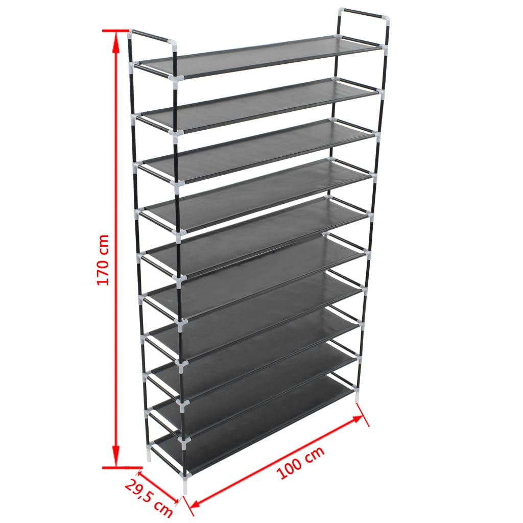 Black 10-shelf shoe rack with metal frame and non-woven fabric shelves, measuring 170 cm tall.