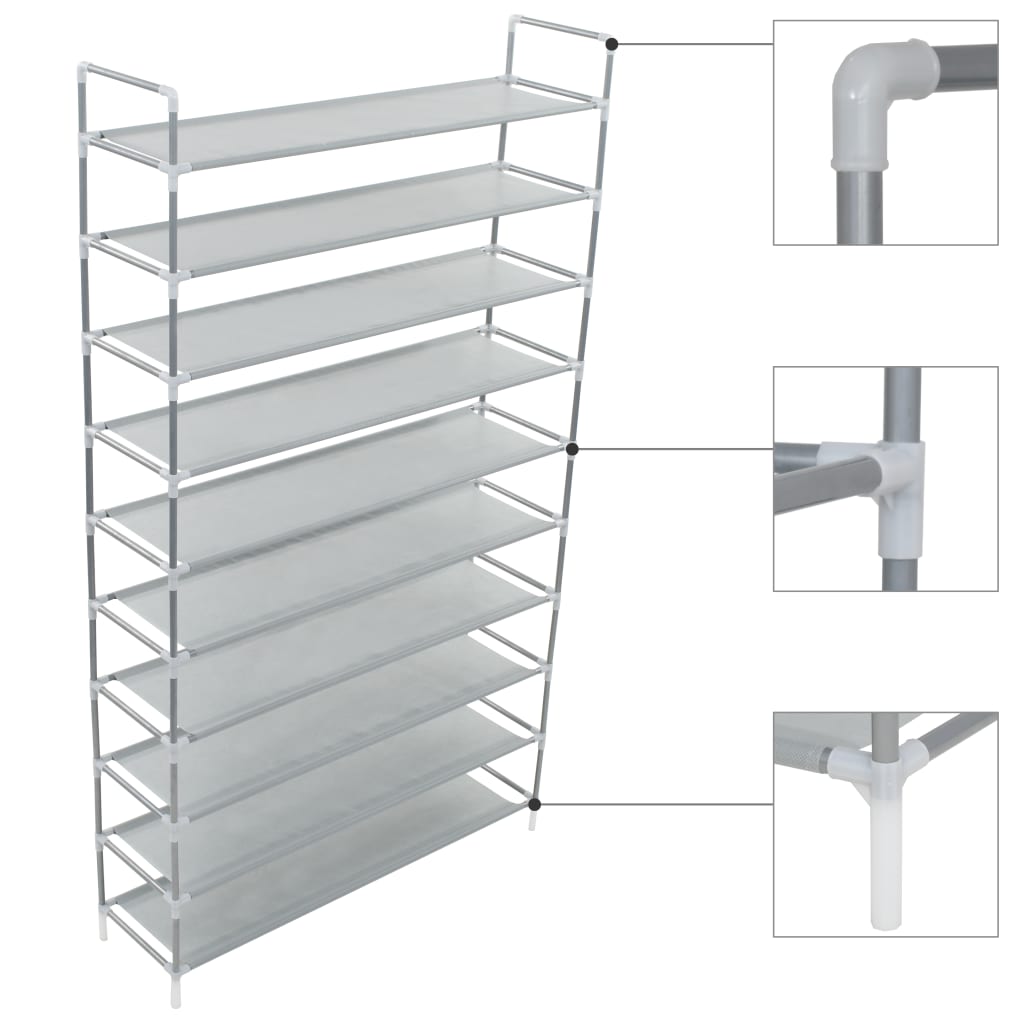 Silver shoe rack with 10 gray non-woven fabric shelves and tubular metal frame.