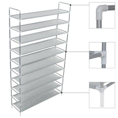 Silver shoe rack with 10 gray non-woven fabric shelves and tubular metal frame.