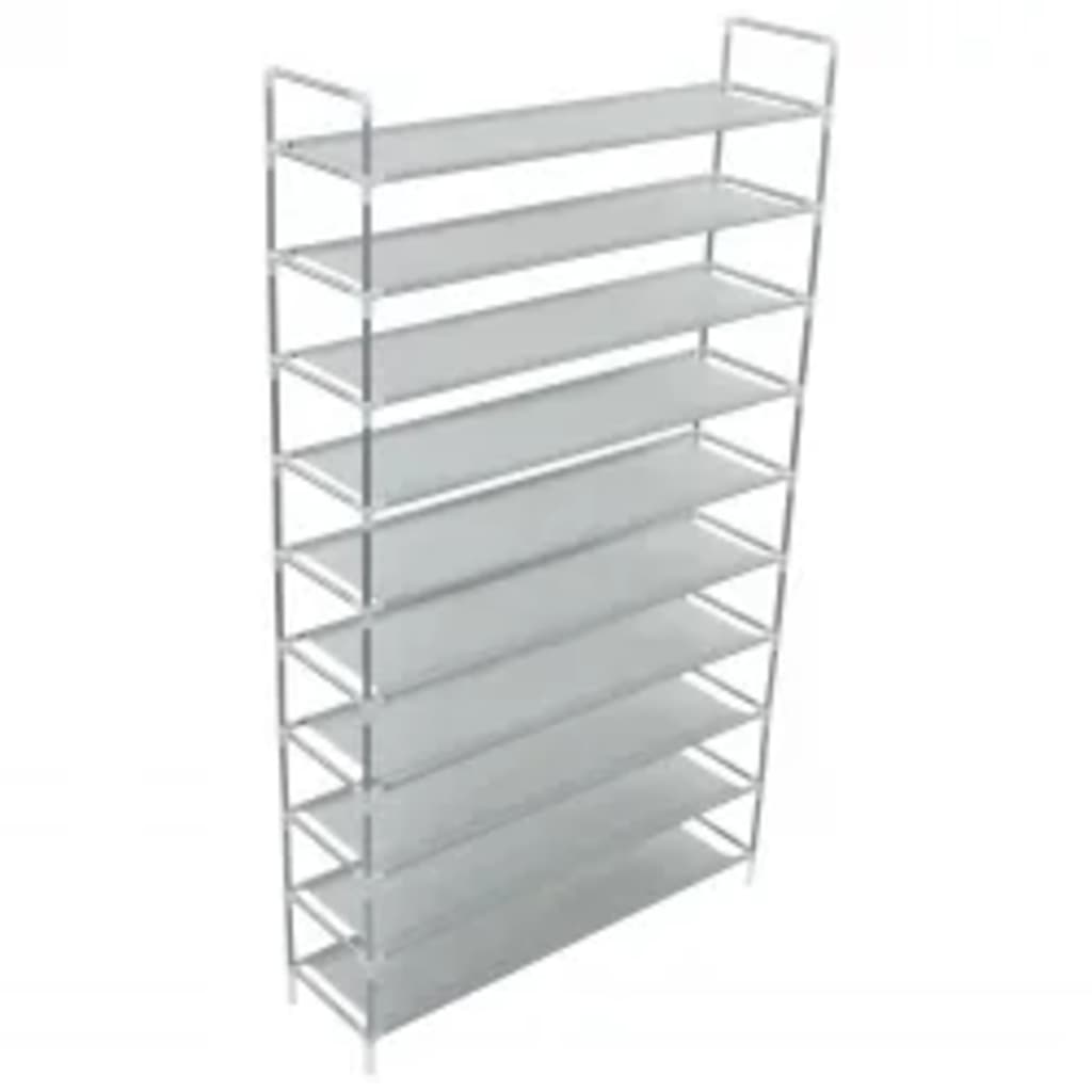Silver shoe rack with 10 non-woven fabric shelves on a metal frame.