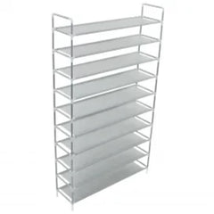 Silver shoe rack with 10 non-woven fabric shelves on a metal frame.