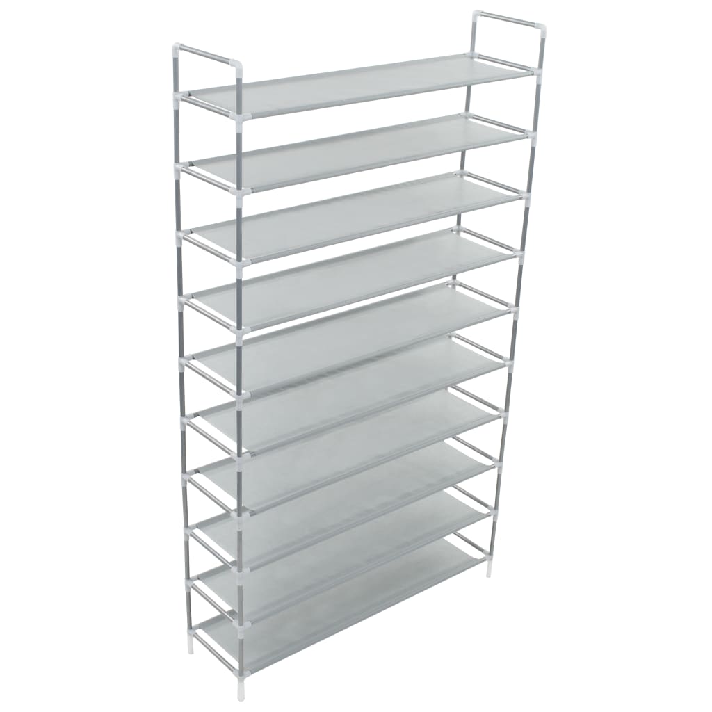 Silver shoe rack with 10 non-woven fabric shelves on a metal frame.