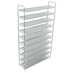 Silver shoe rack with 10 non-woven fabric shelves on a metal frame.