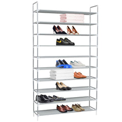 Silver shoe rack with 10 fabric shelves holding various shoes and folded towels.