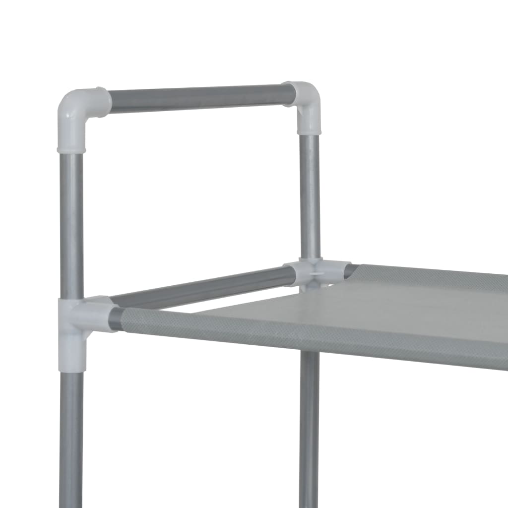 Silver shoe rack with tubular metal frame and 10 non-woven fabric shelves.