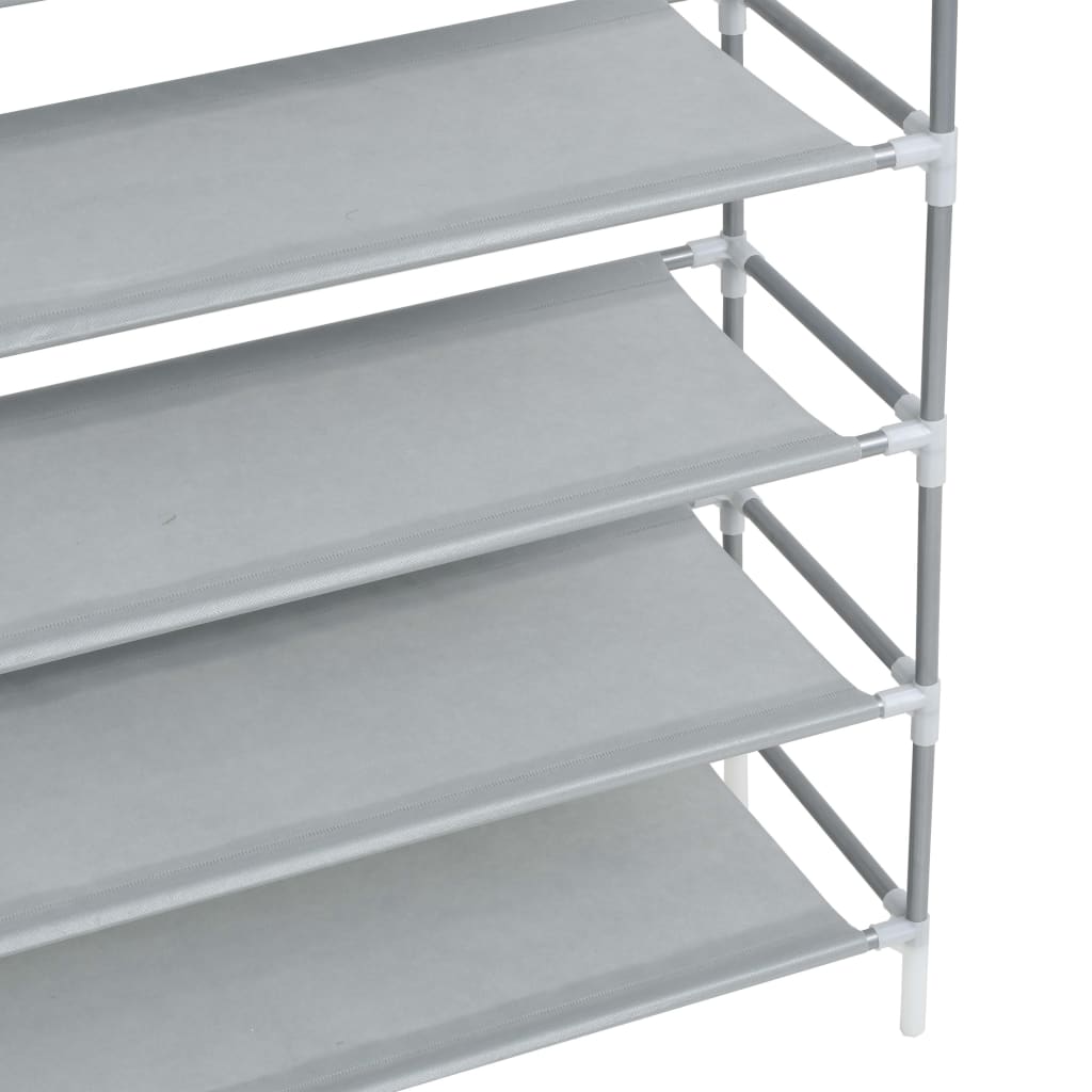 Silver shoe rack with 10 non-woven fabric shelves on a metal frame.