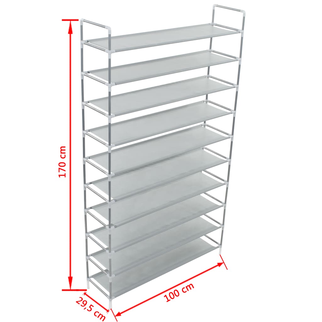 Silver shoe rack with 10 gray non-woven fabric shelves and tubular metal frame with handles