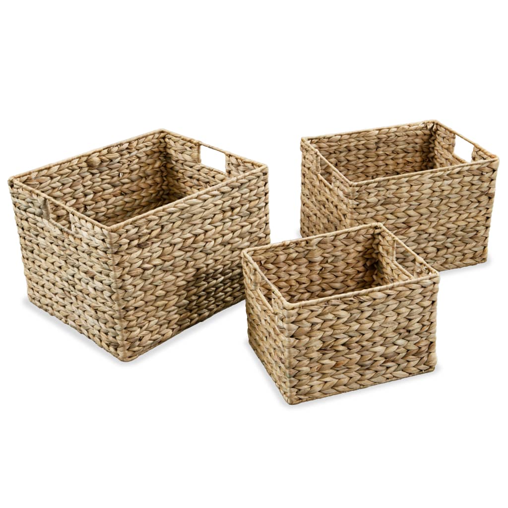 Set of three brown water hyacinth storage baskets in small, medium, and large sizes.