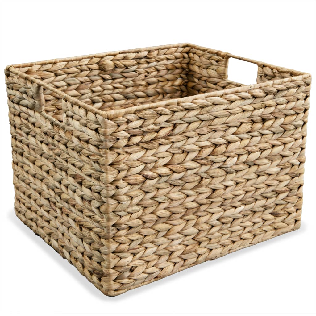 A set of three brown water hyacinth storage baskets in graduated sizes with handles.