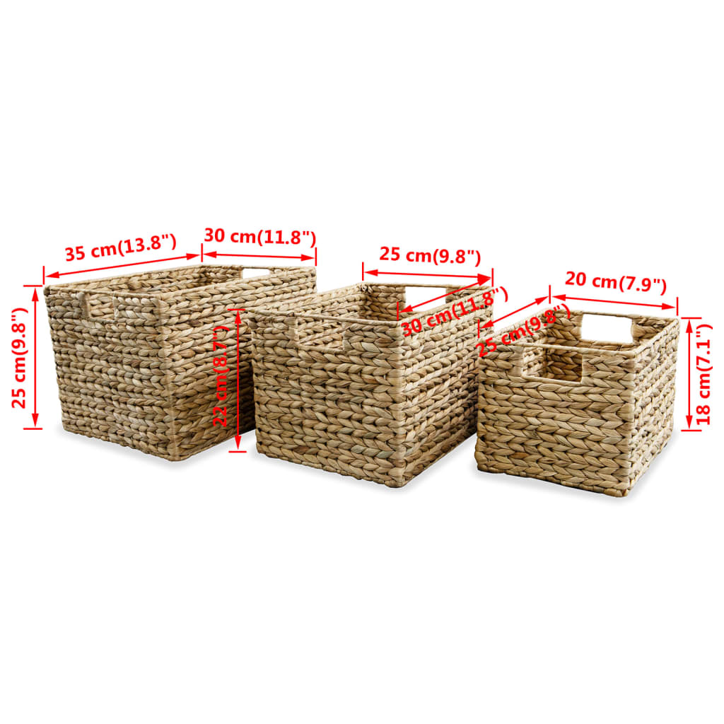 Three brown water hyacinth storage baskets of varying sizes with red dimension labels.