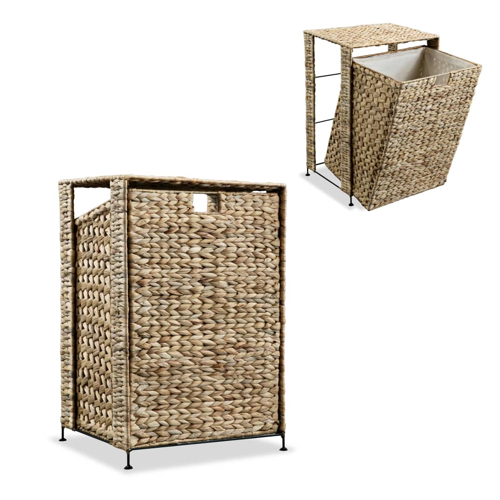 Brown woven water hyacinth laundry basket with metal frame and removable liner.