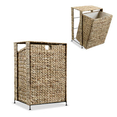 Brown woven water hyacinth laundry basket with metal frame and removable liner.