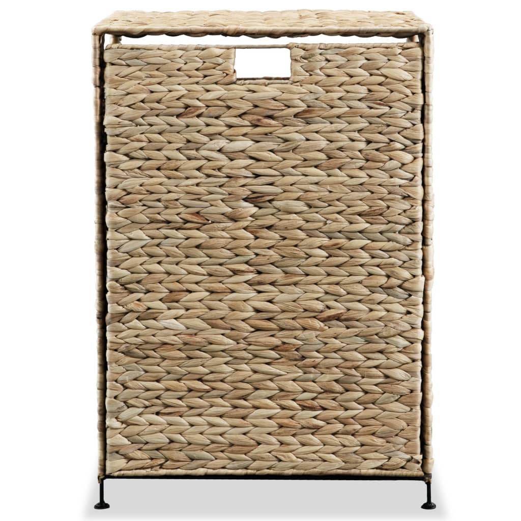 Brown woven water hyacinth laundry basket with metal frame and removable liner.