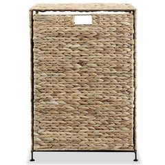 Brown woven water hyacinth laundry basket with metal frame and removable liner.