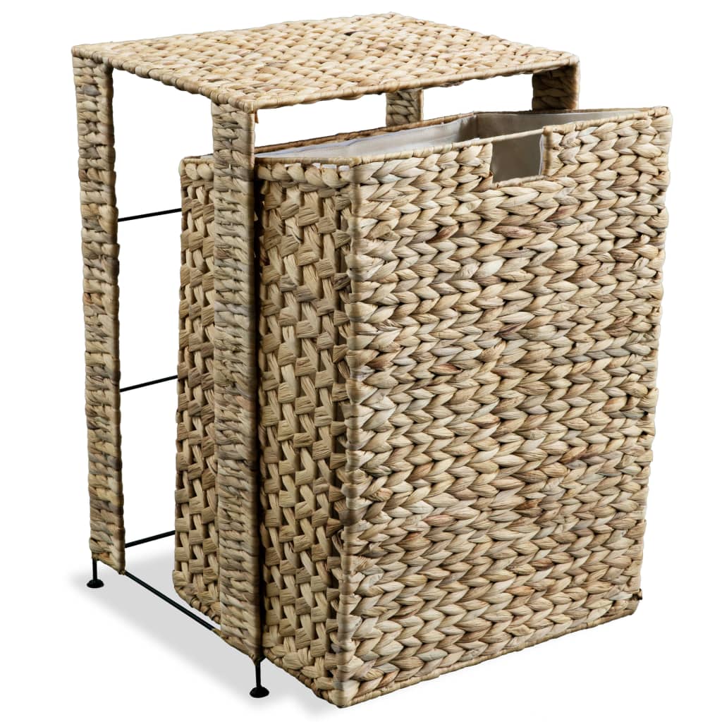 Brown woven water hyacinth laundry basket with metal frame and removable liner.