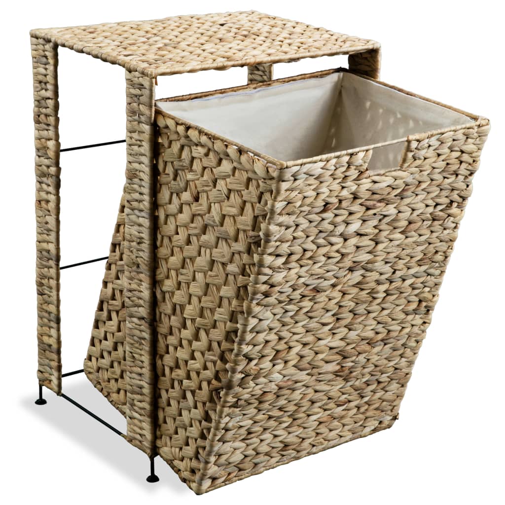 Brown woven water hyacinth laundry basket with metal frame and removable liner.