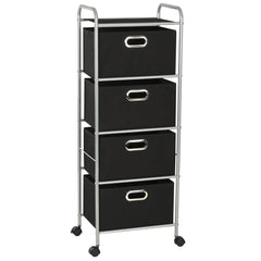 Black steel shelving unit with four non-woven fabric storage boxes on wheels.