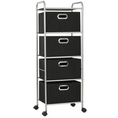 Black steel shelving unit with four non-woven fabric storage boxes on wheels.