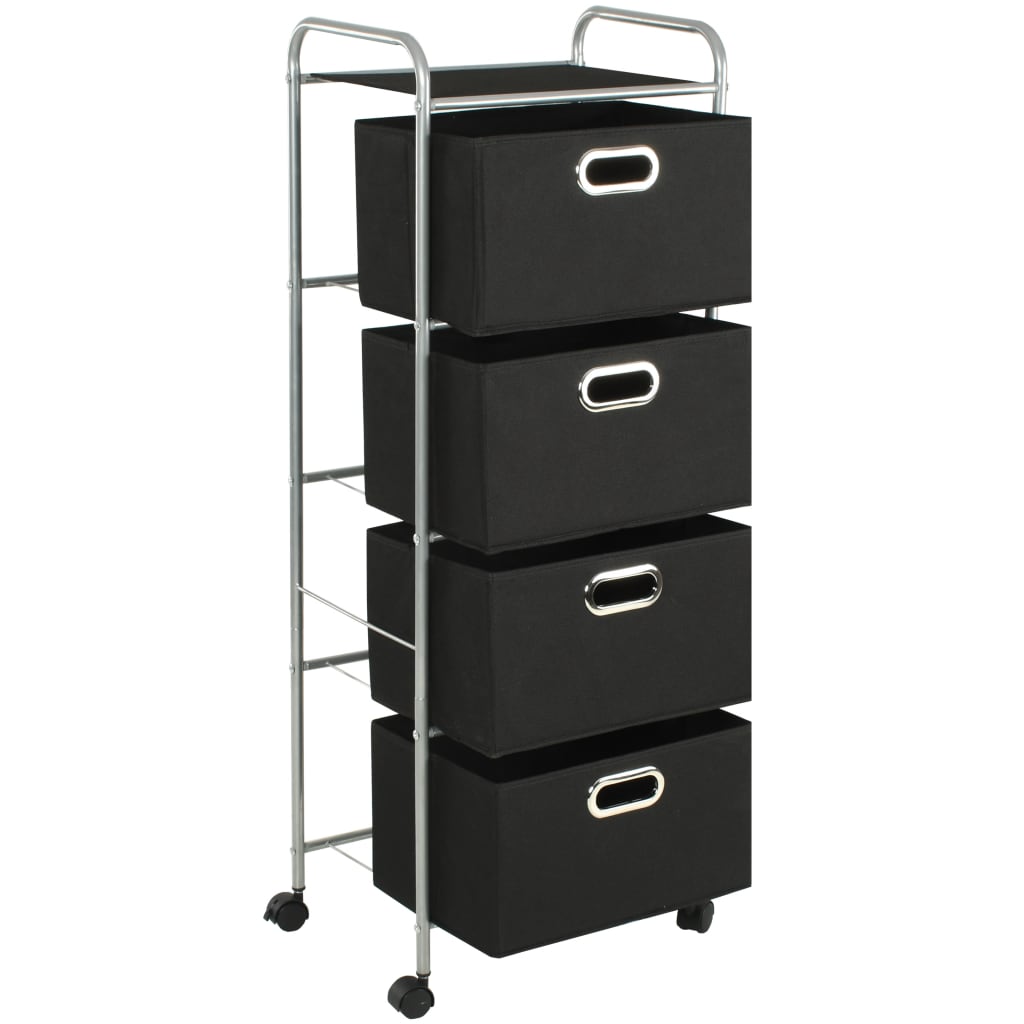 Black steel shelving unit with four non-woven fabric storage boxes and wheels.
