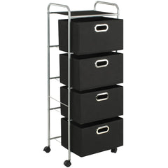 Black steel shelving unit with four non-woven fabric storage boxes and wheels.