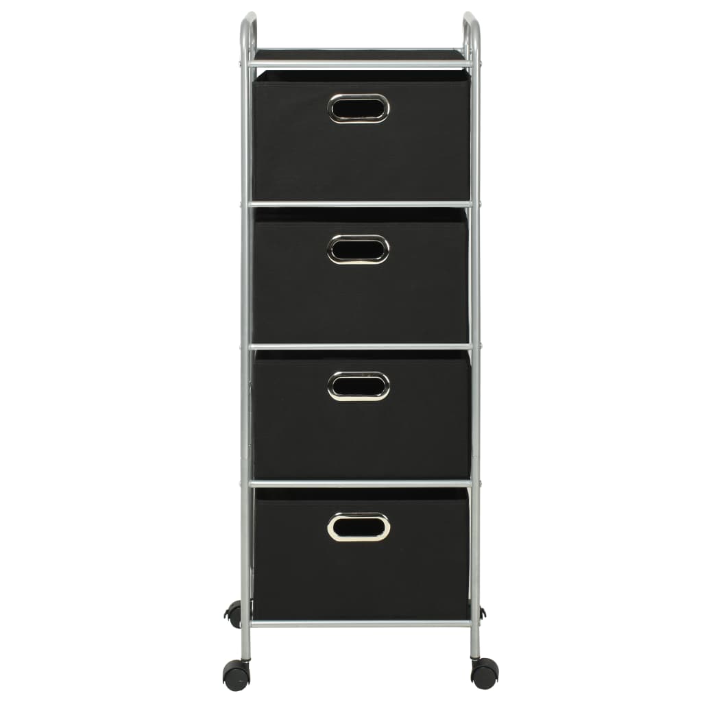 Black steel shelving unit with four non-woven fabric storage boxes on wheels.