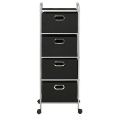 Black steel shelving unit with four non-woven fabric storage boxes on wheels.