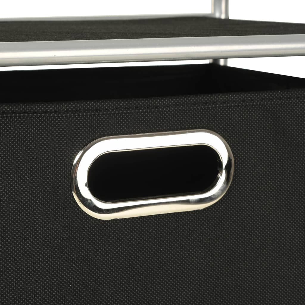 Black steel shelving unit with four non-woven fabric storage boxes and silver handles.