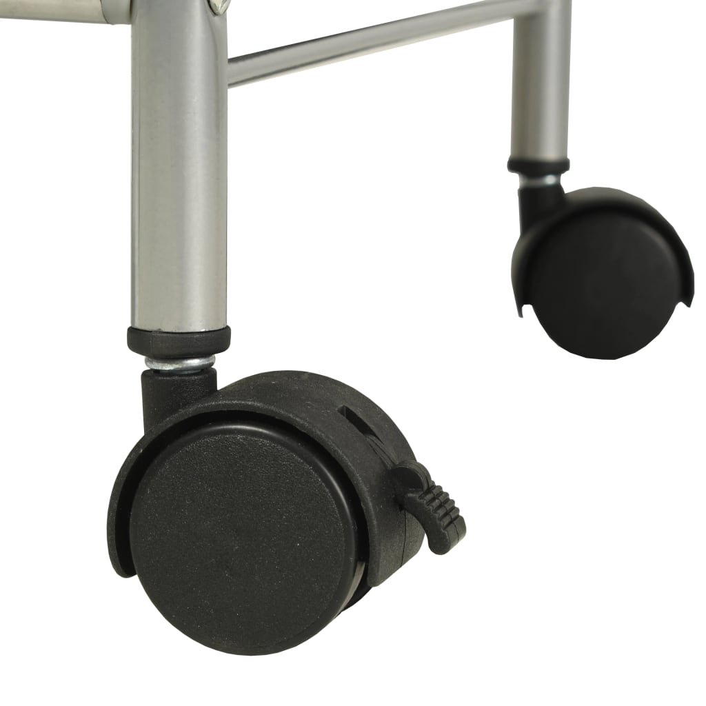 Black steel shelving unit with four non-woven fabric storage boxes and locking casters.