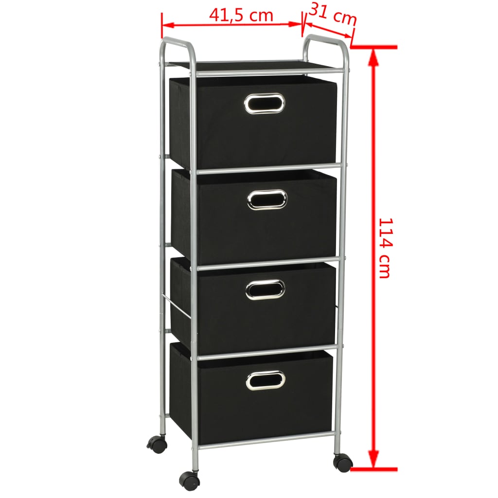 Black steel shelving unit with four non-woven fabric storage boxes on wheels.