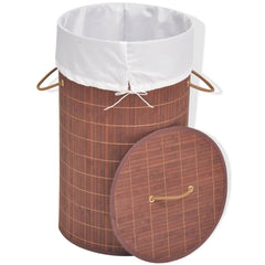 Brown bamboo round laundry hamper bin with white liner and lid.