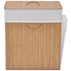 Natural bamboo rectangular laundry hamper with white liner and leather handles.
