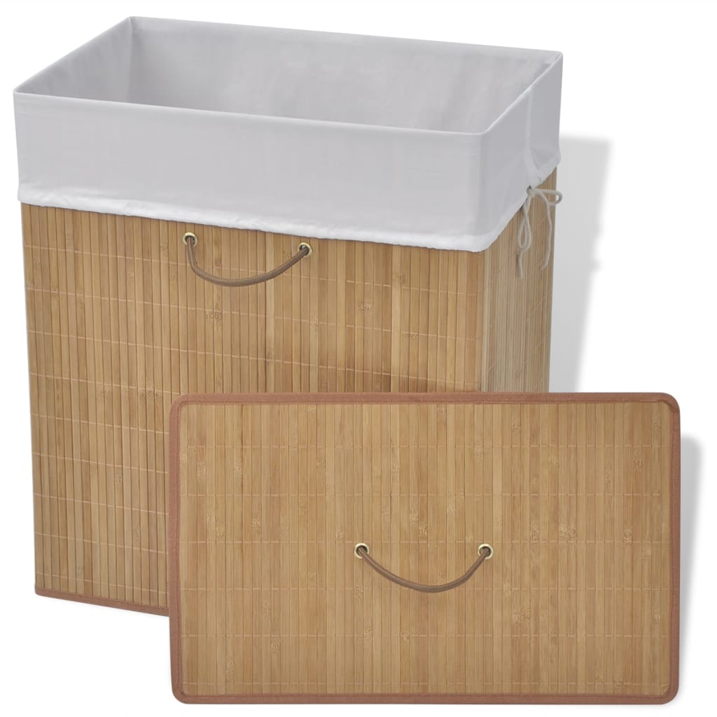 Natural bamboo rectangular laundry hamper with white liner and lid.