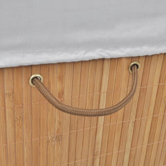 Natural bamboo rectangular laundry hamper with white liner and rope handles.