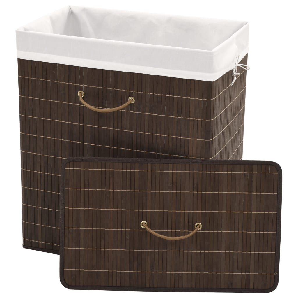 Rectangular dark brown bamboo laundry hamper with white liner and rope handles.