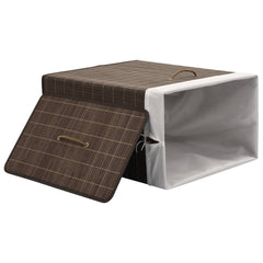 Rectangular dark brown bamboo laundry hamper with open lid and white liner.