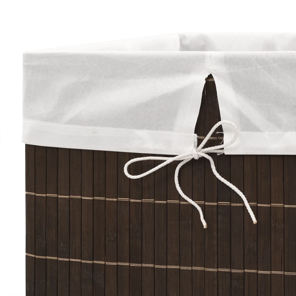 Rectangular dark brown bamboo laundry hamper with white fabric liner and drawstring.