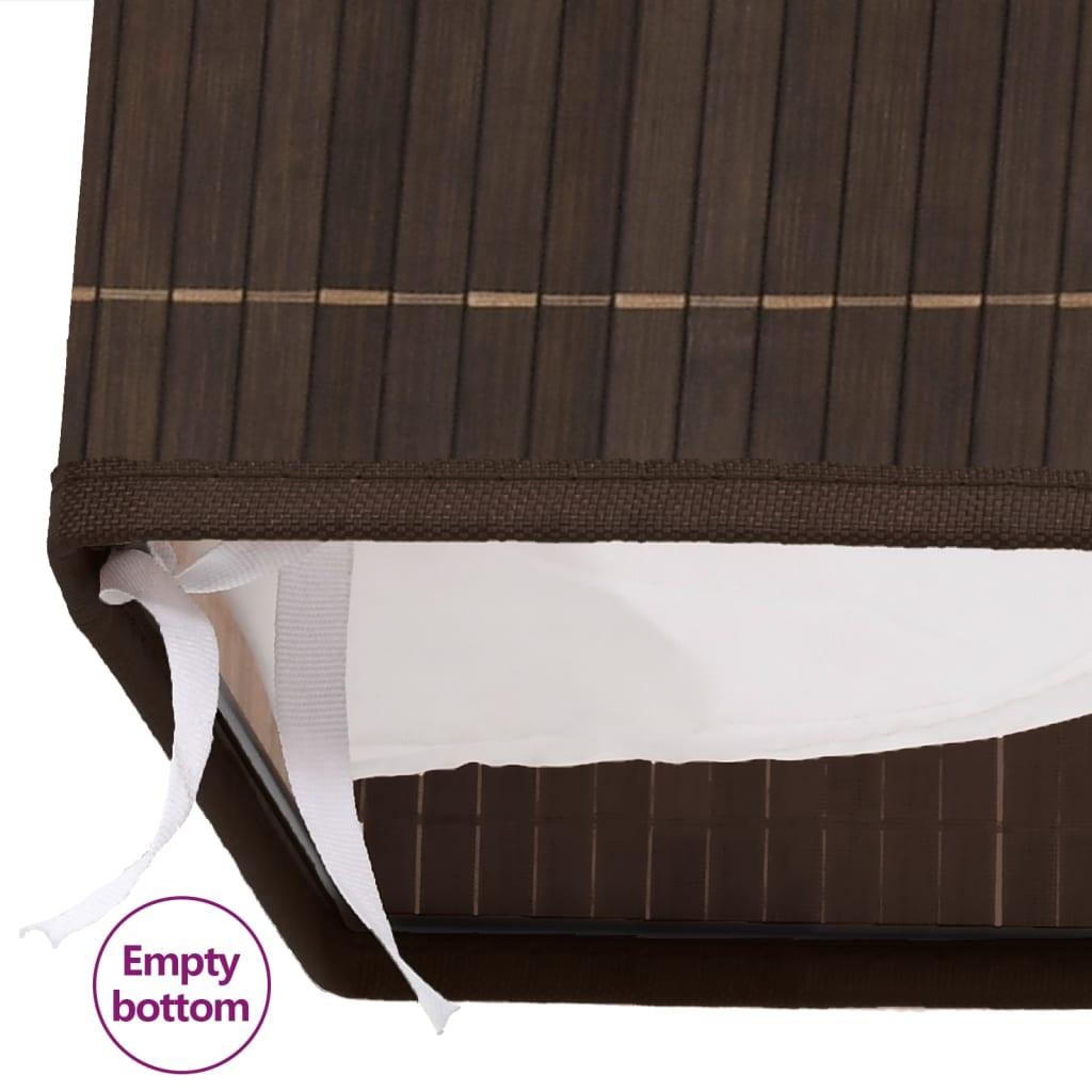 Rectangular dark brown bamboo laundry hamper with removable white liner and fabric ties.